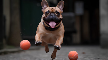 French bulldog running with a ball in its mouth. Selective focus.の素材