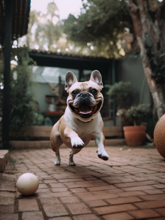 French bulldog running in the garden. Selective focus on the dogの素材