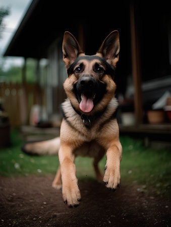 German shepherd dog in the yard at the day time. Selective focus.の素材