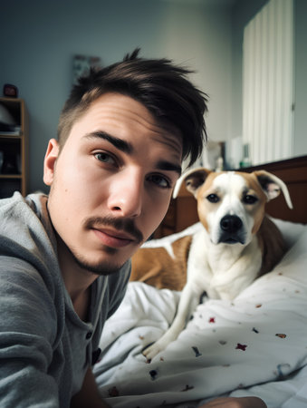 Young man with his dog on the bed at home in the morningの素材