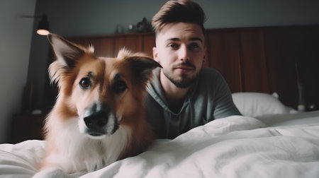 Young man and his dog on the bed at home. Focus on dogの素材