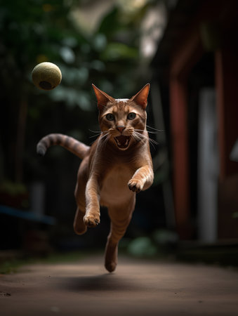 Portrait of a cute abyssinian cat playing with a ball.の素材