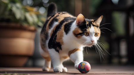 Cute cat playing with a ball in the garden. Selective focus.の素材
