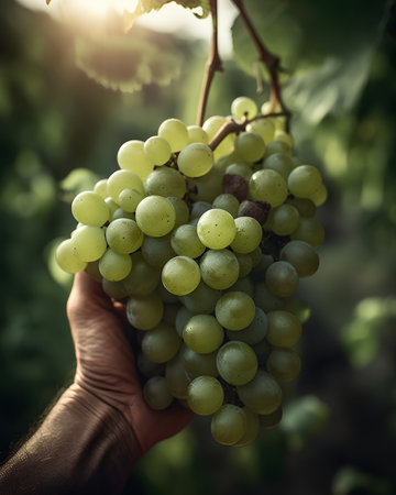 Grapes in hand on a background of the vineyard.の素材