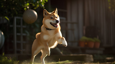 Shiba Inu running in the garden at sunset. Japanese dogの素材