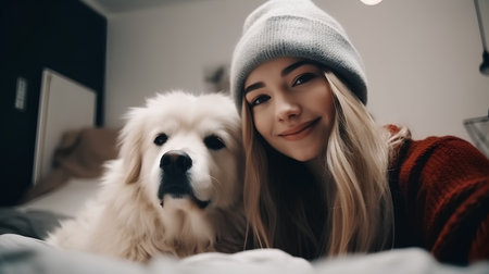 beautiful young woman with her dog in the bed at home.の素材