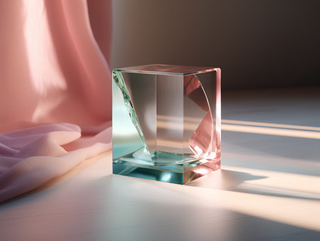 3d render of glass vase on the floor with curtain backgroundの素材