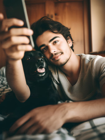 Young man taking a selfie with his dog at home. Selective focus.の素材