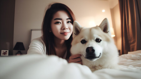 Beautiful asian woman with siberian husky on the bedの素材