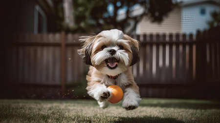 Shih tzu jumping with orange ball in front of house.の素材