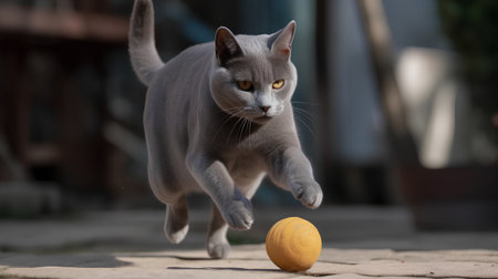 Beautiful grey cat playing with an orange ball in the garden.の素材