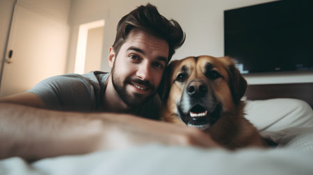 Young man and his dog on the bed at home. Focus on dogの素材