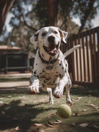 Adorable Dalmatian dog playing with a ball in the parkの素材