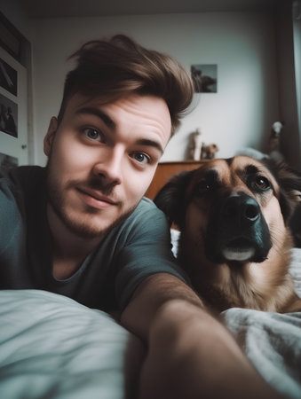 young man and his dog lying on the bed at home in the morningの素材