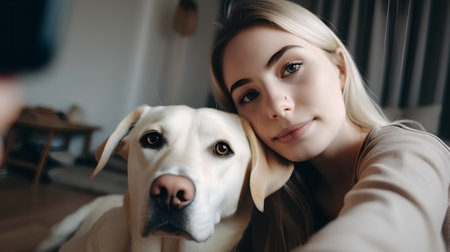 Beautiful young woman with her dog at home, looking at camera.の素材