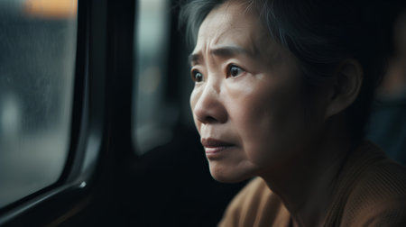 Asian elderly woman looking out the window of a train, vintage toneの素材