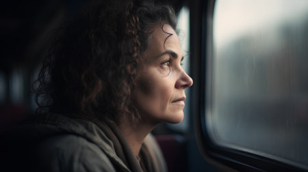 Portrait of a woman in a train, looking out the windowの素材