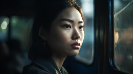 Portrait of a beautiful young asian woman looking through the train windowの素材