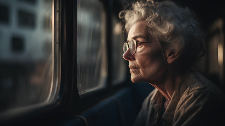 Elderly woman in a train. Close-up portrait.の素材