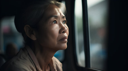 Portrait of senior Asian woman sitting in the bus and looking awayの素材