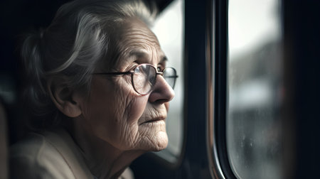 Portrait of an elderly woman looking out the window of a trainの素材