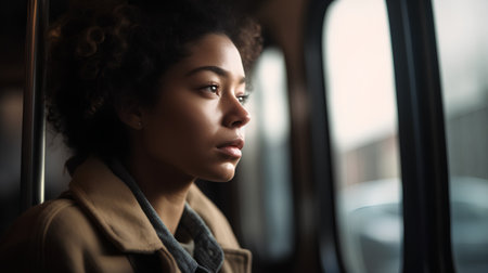 portrait of young african american woman looking away in trainの素材