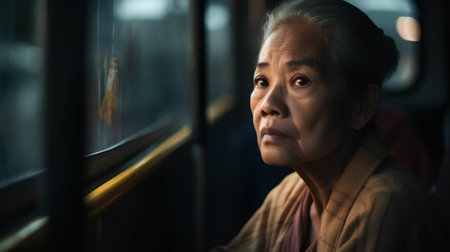 Portrait of old asian woman sitting in the train and looking at cameraの素材