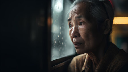 Portrait of elderly Asian woman sitting in the train with rain drops.の素材