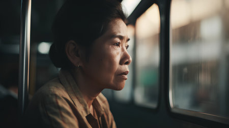 Asian woman looking through the train window,vintage color tone.の素材
