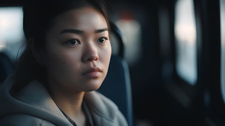 Portrait of a beautiful young asian woman traveling by bus.の素材