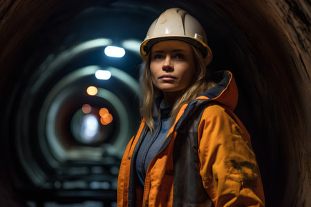 Female construction worker in a tunnel. Industrial background. Selective focus.の素材