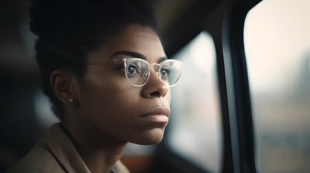 Young african american woman in eyeglasses looking out of windowの素材