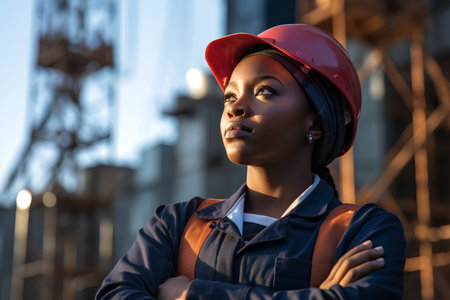Portrait of a young African American female construction worker wearing safety helmetの素材