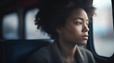 Portrait of beautiful african american woman sitting in the busの素材
