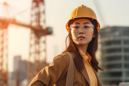 Asian engineer woman wearing safety helmet and safety glasses on construction site.の素材