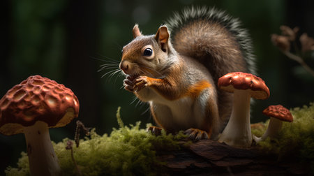Squirrel in the forest with red mushrooms and green moss on dark backgroundの素材