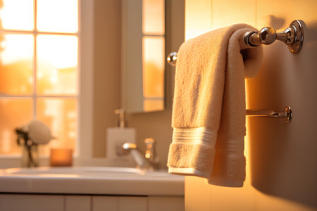 Towel hanging on the wall in bathroom. 3d renderingの素材