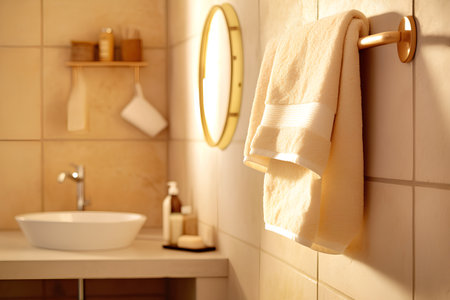 Bathroom interior with shower cabin and towel on the wall.の素材
