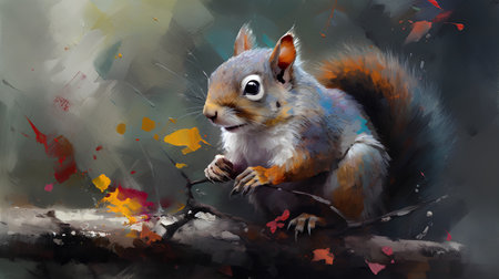 Squirrel in autumn forest. Digital painting of a wild animal.の素材