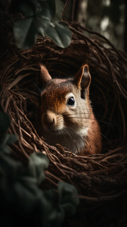 Squirrel in a bird's nest with green leaves on a dark backgroundの素材