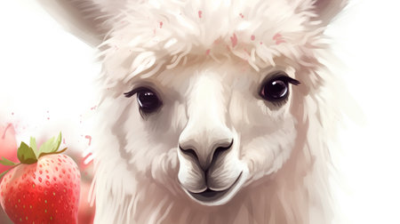 Alpaca portrait with strawberry. Hand drawn vector llama illustration.の素材