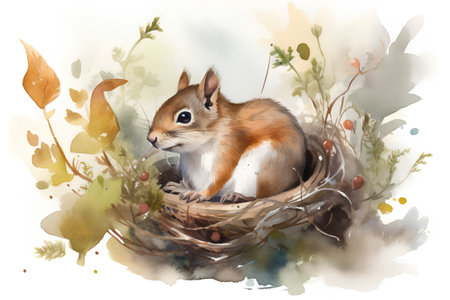 Hand drawn watercolor illustration of a squirrel sitting in a nest on an autumn backgroundの素材