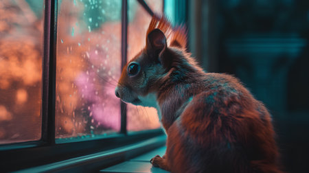 Cute red squirrel sits on the windowsill in the rain.の素材