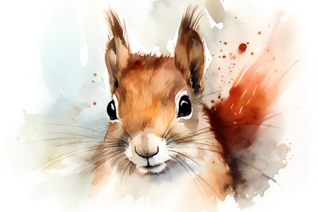 Watercolor portrait of squirrel. Hand-drawn illustration on white background.の素材
