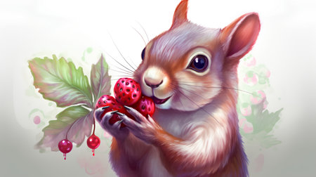 Easter card with cute squirrel and red berries. Vector illustration.の素材
