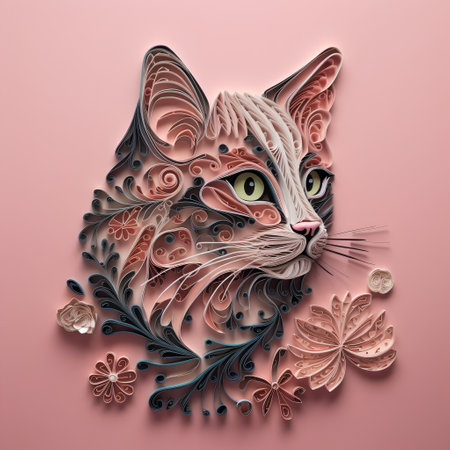 Stylized portrait of a cat with flowers on a pink background.の素材