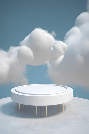 Round podium with clouds on the blue sky. 3D rendering.の素材