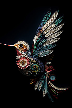Beautiful hummingbird with flowers on a black background. Psychedelic digital painting.の素材