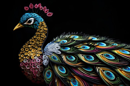 Colorful peacock on a black background. Close-up.の素材