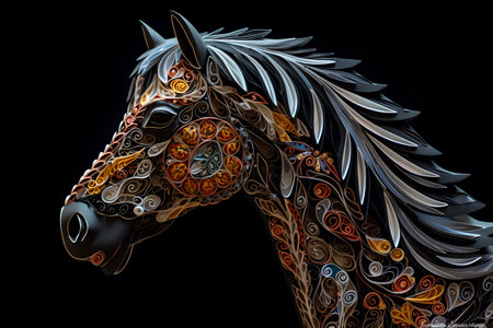 Horse head with abstract patterns on black background. Vector illustration.の素材